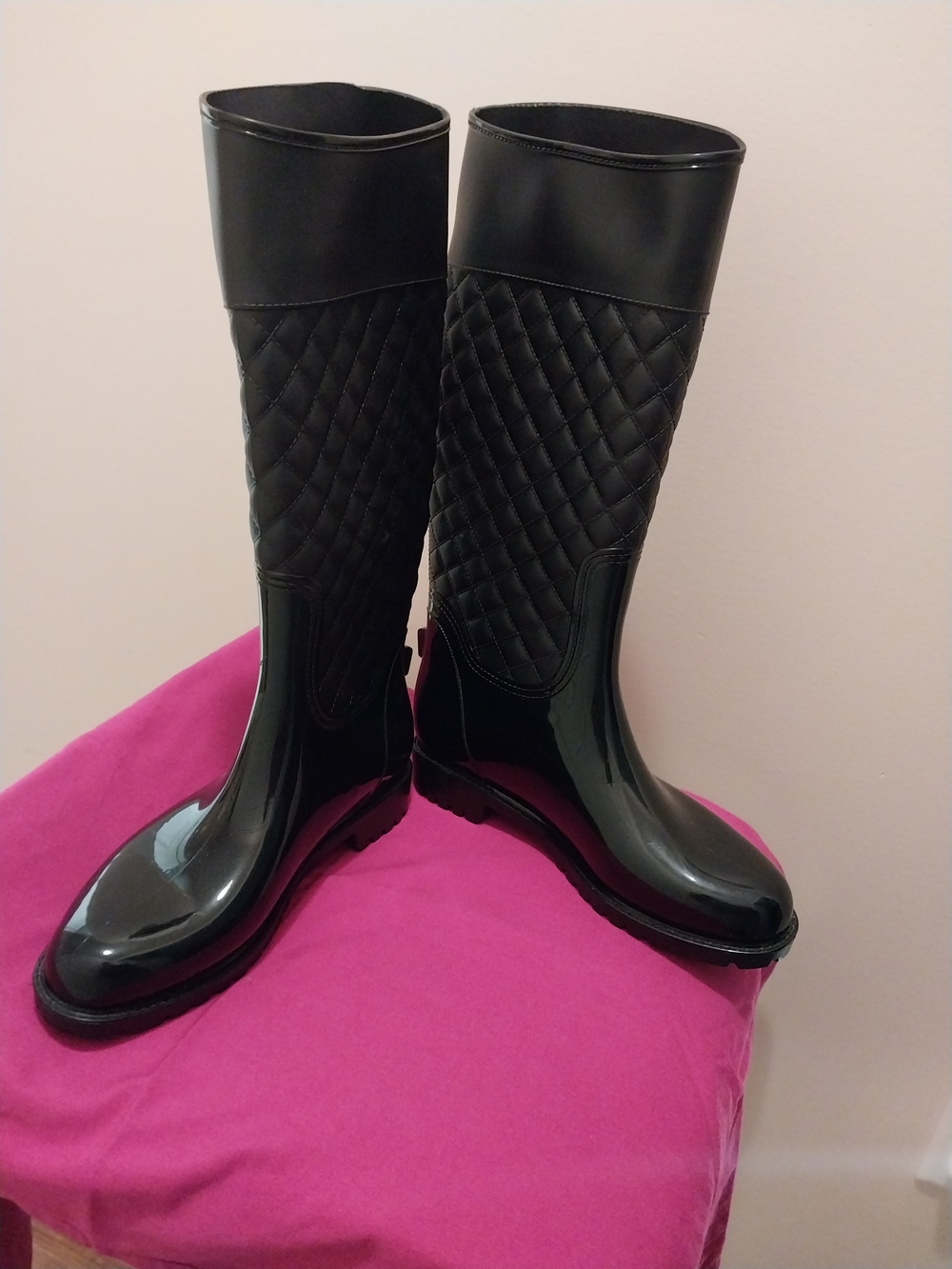 Women's Black Quilted Tall Rain Boots - Sleek Waterproof Style